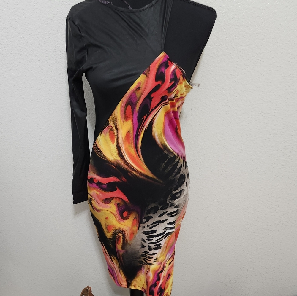Asymmetrical Black and Multicolor Dress One Arm Dress